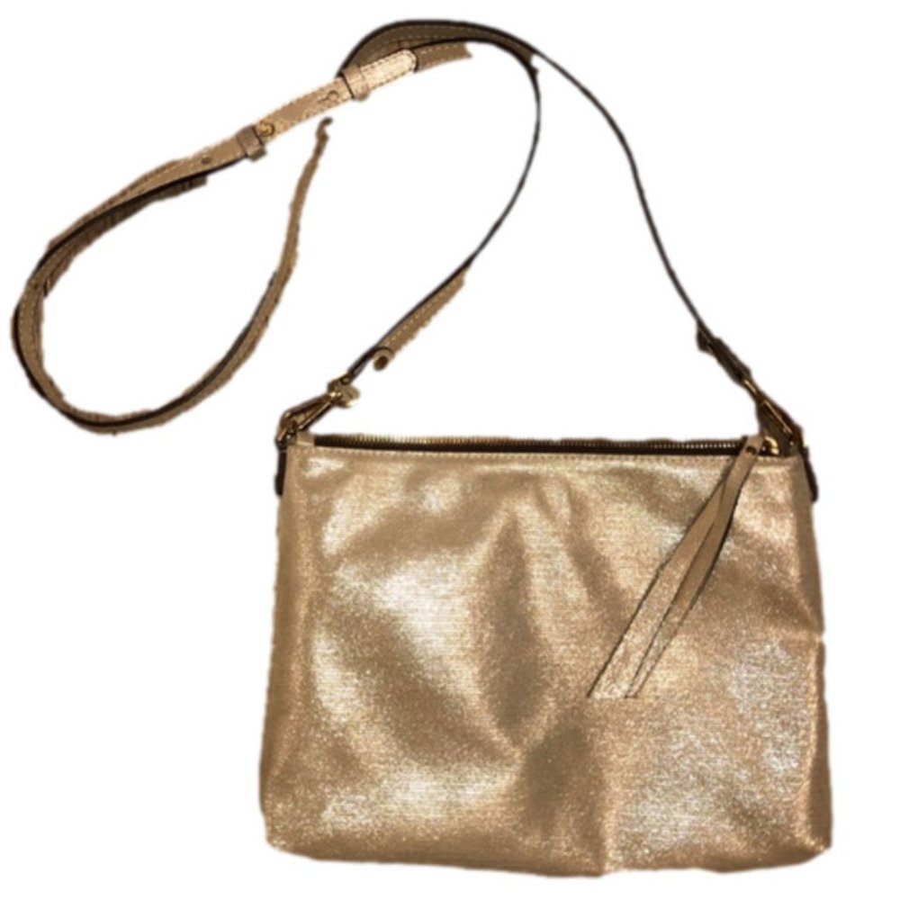 GIANI Chiarini Gold Shimmer Beige Suede Crossbody Tassel Fringe 11” x 8.8” EUC